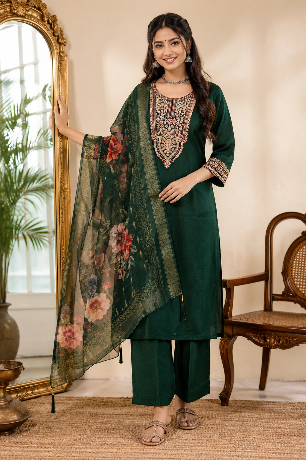 Bottle Green Roman silk kurta set image 3