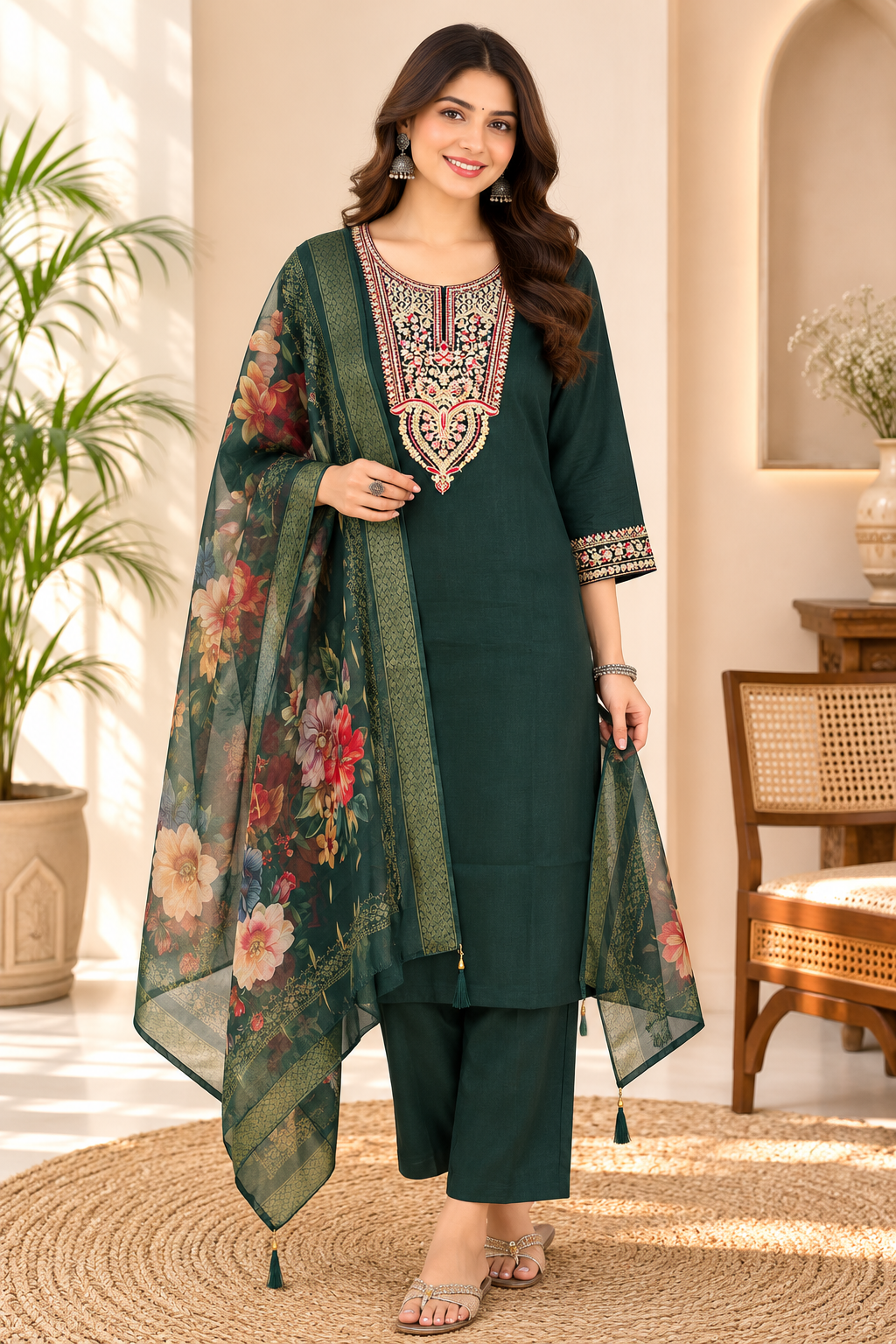 Bottle Green Roman silk kurta set image 2