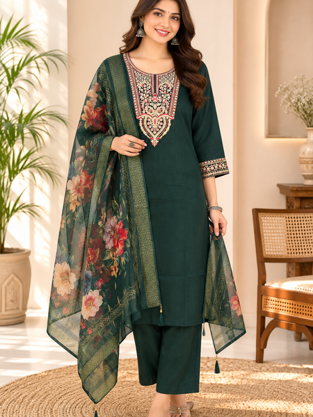 Bottle Green Roman silk kurta set image 2