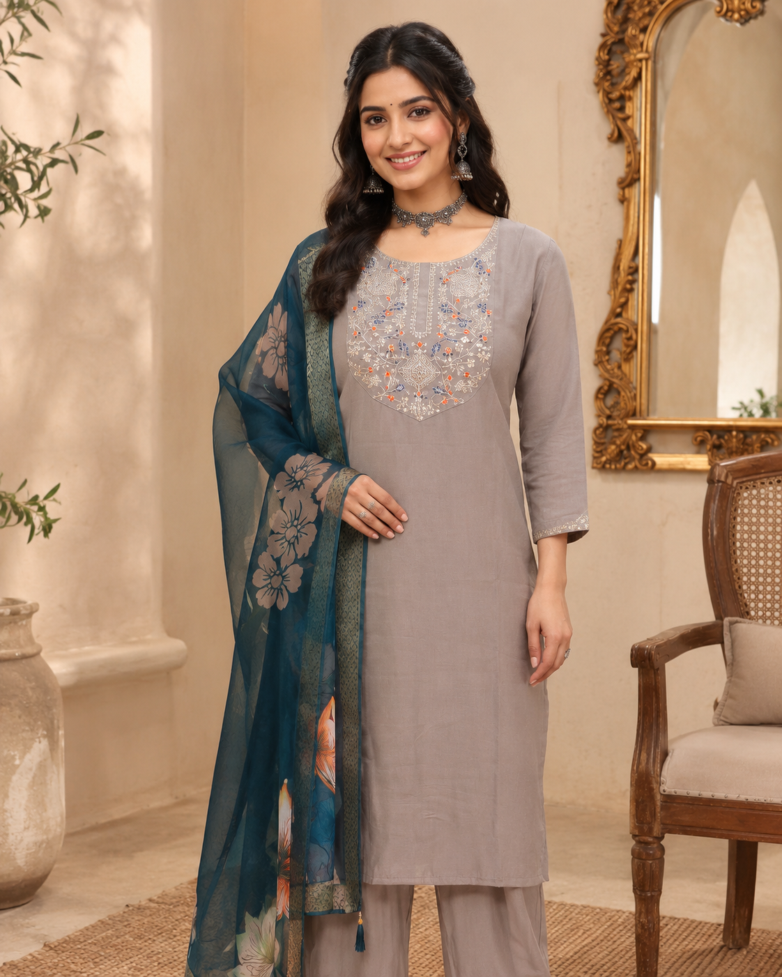Taupe Grey Roman silk kurta set image 6