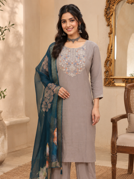 Taupe Grey Roman silk kurta set image 6