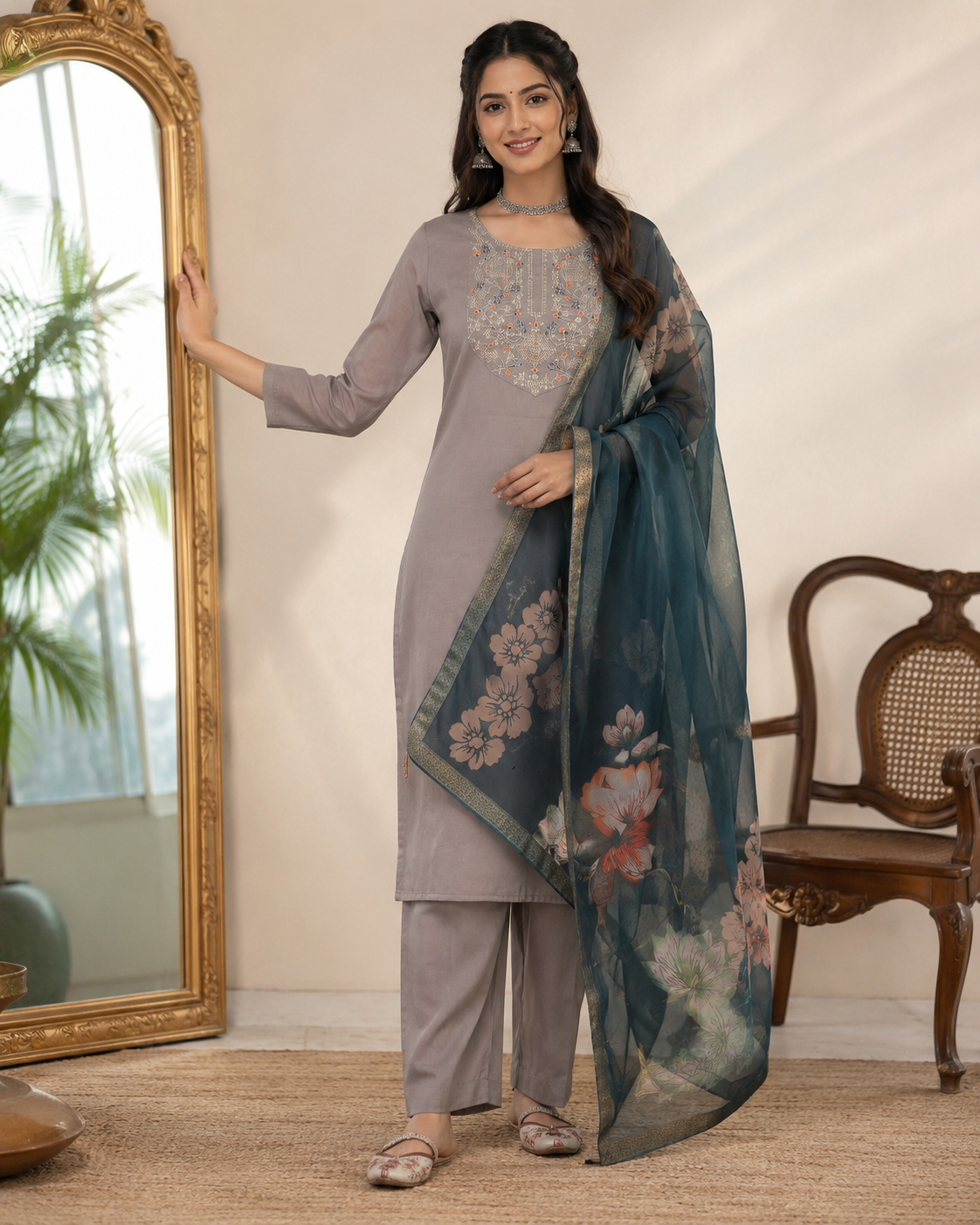 Taupe Grey Roman silk kurta set image 3