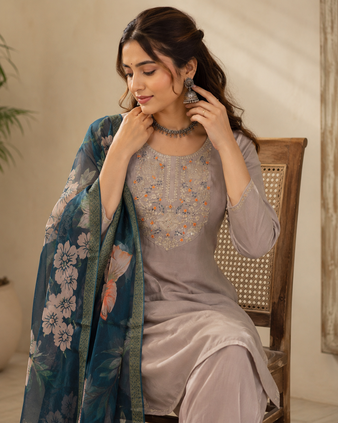 Taupe Grey Roman silk kurta set image 4