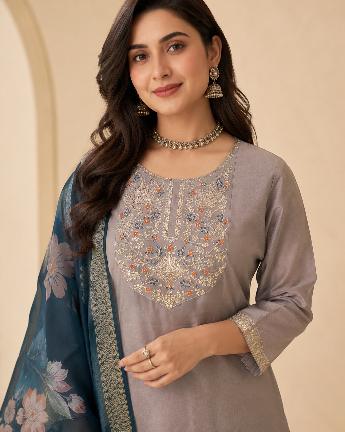 Taupe Grey Roman silk kurta set image 5