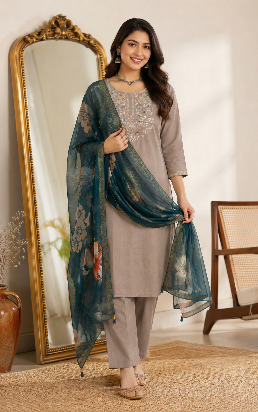 Taupe Grey Roman silk kurta set image 2