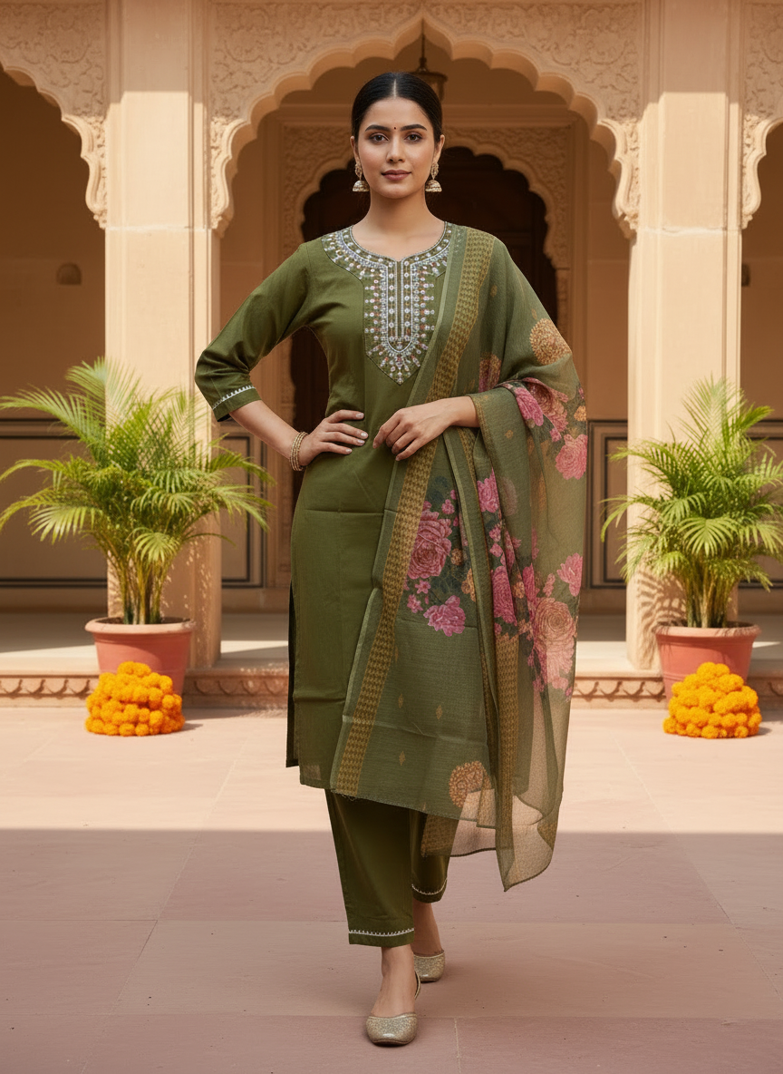 Olive Green rayon slub 3-piece suit set image 2