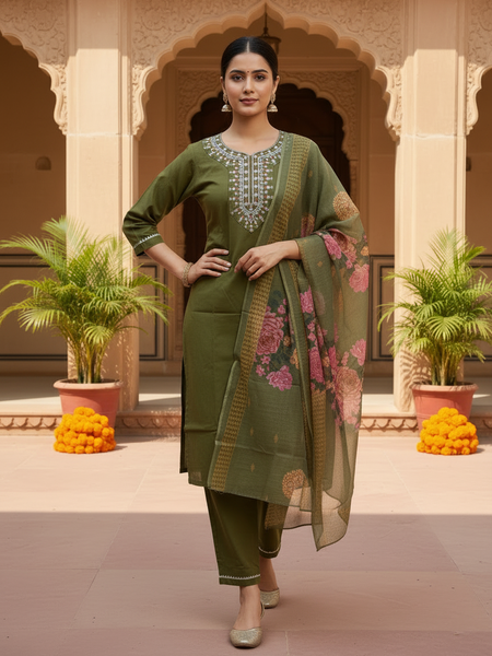 Olive Green rayon slub 3-piece suit set image 2