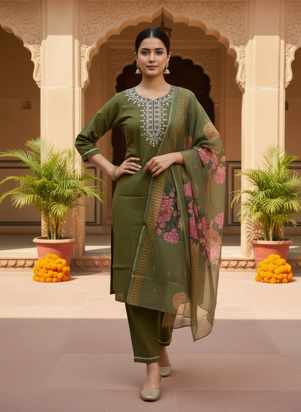 Olive Green rayon slub 3-piece suit set image 2