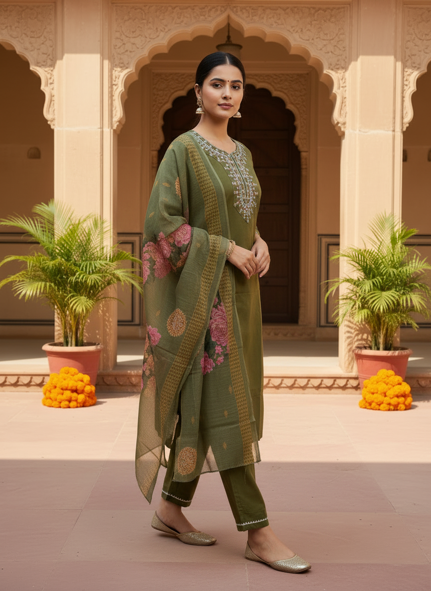 Olive Green rayon slub 3-piece suit set image 6