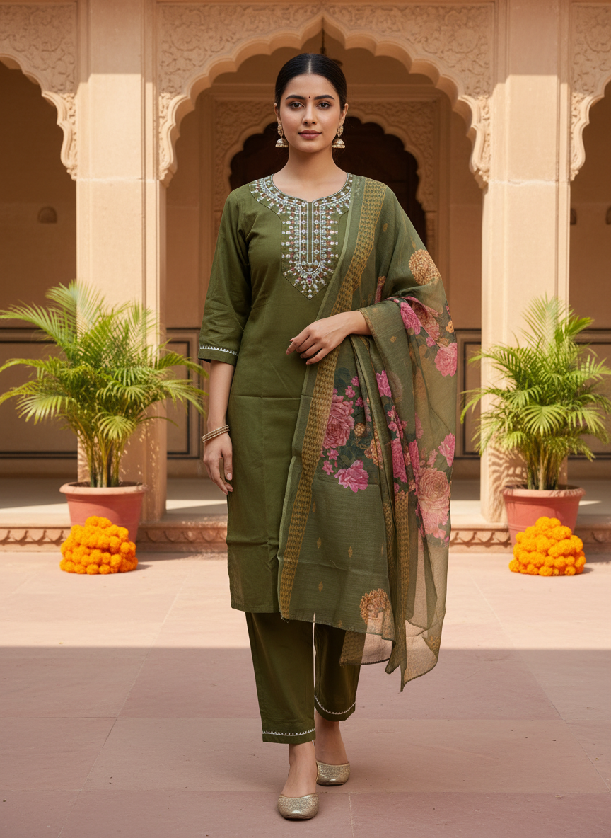 Olive Green rayon slub 3-piece suit set image 5