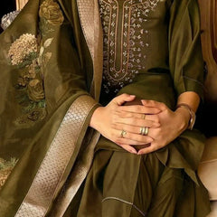 Olive Green rayon slub 3-piece suit set image 7