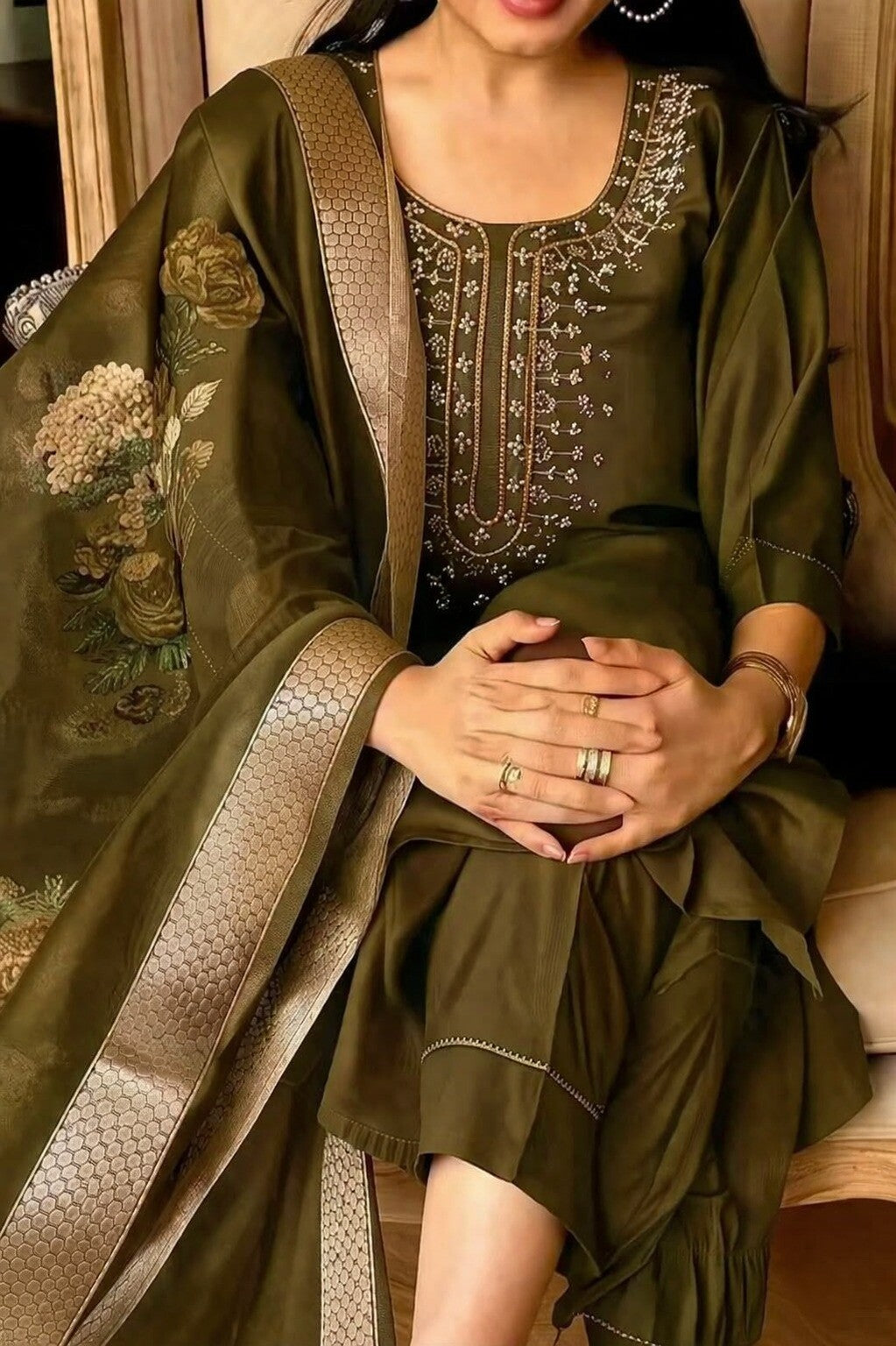 Olive Green rayon slub 3-piece suit set image 7