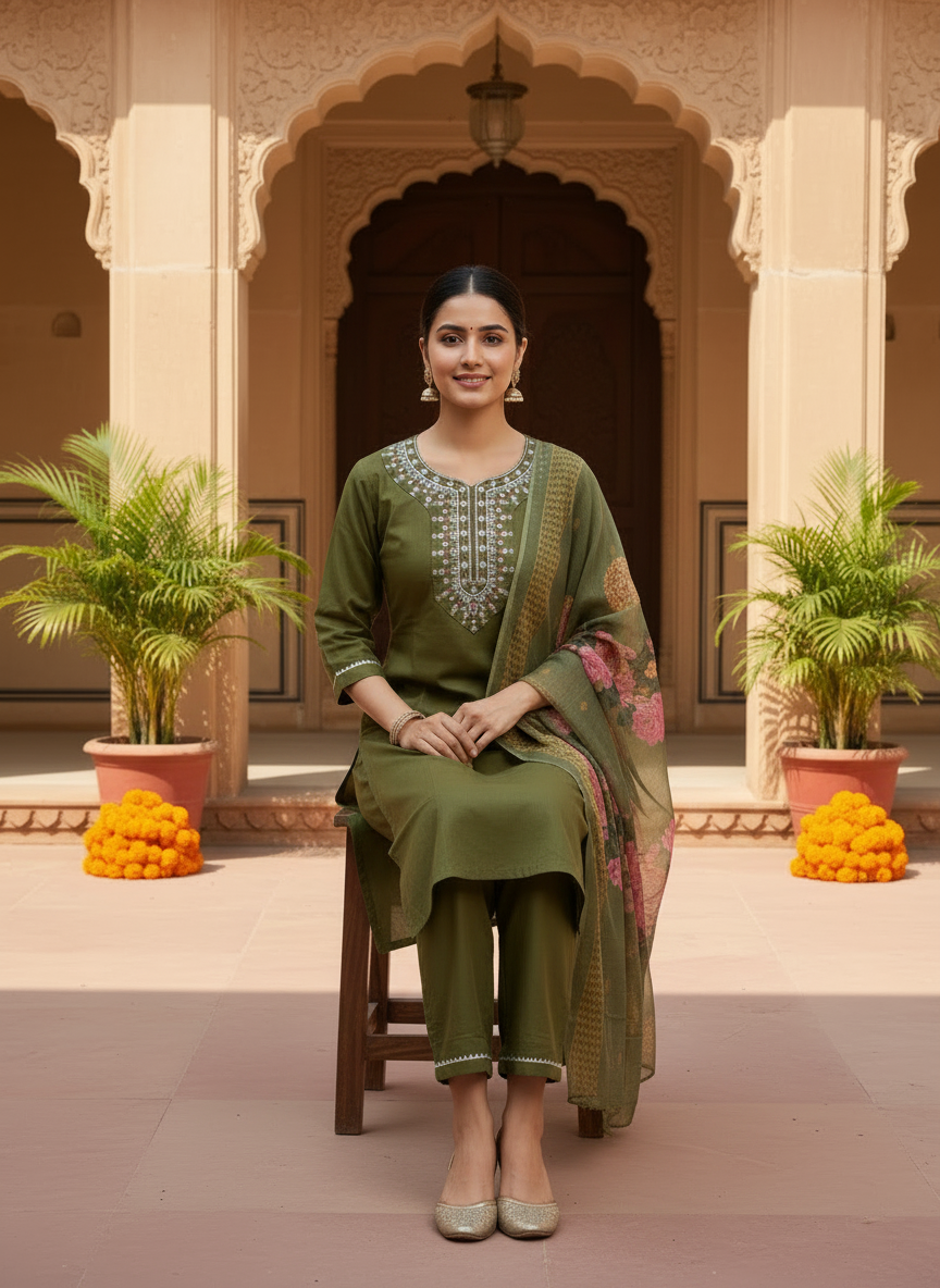 Olive Green rayon slub 3-piece suit set image 4