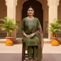 Olive Green rayon slub 3-piece suit set image 4