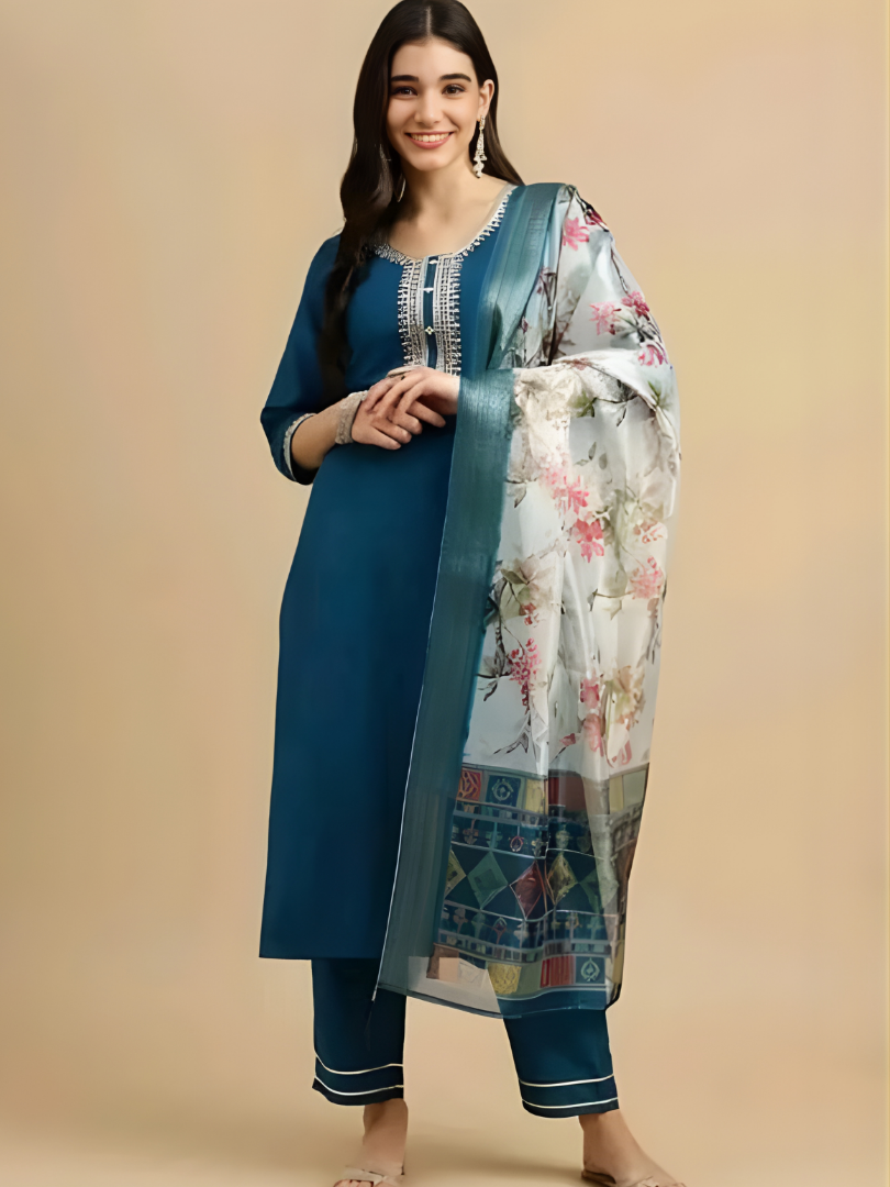 Peacock Blue 2 rayon slub 3-piece suit set image 2