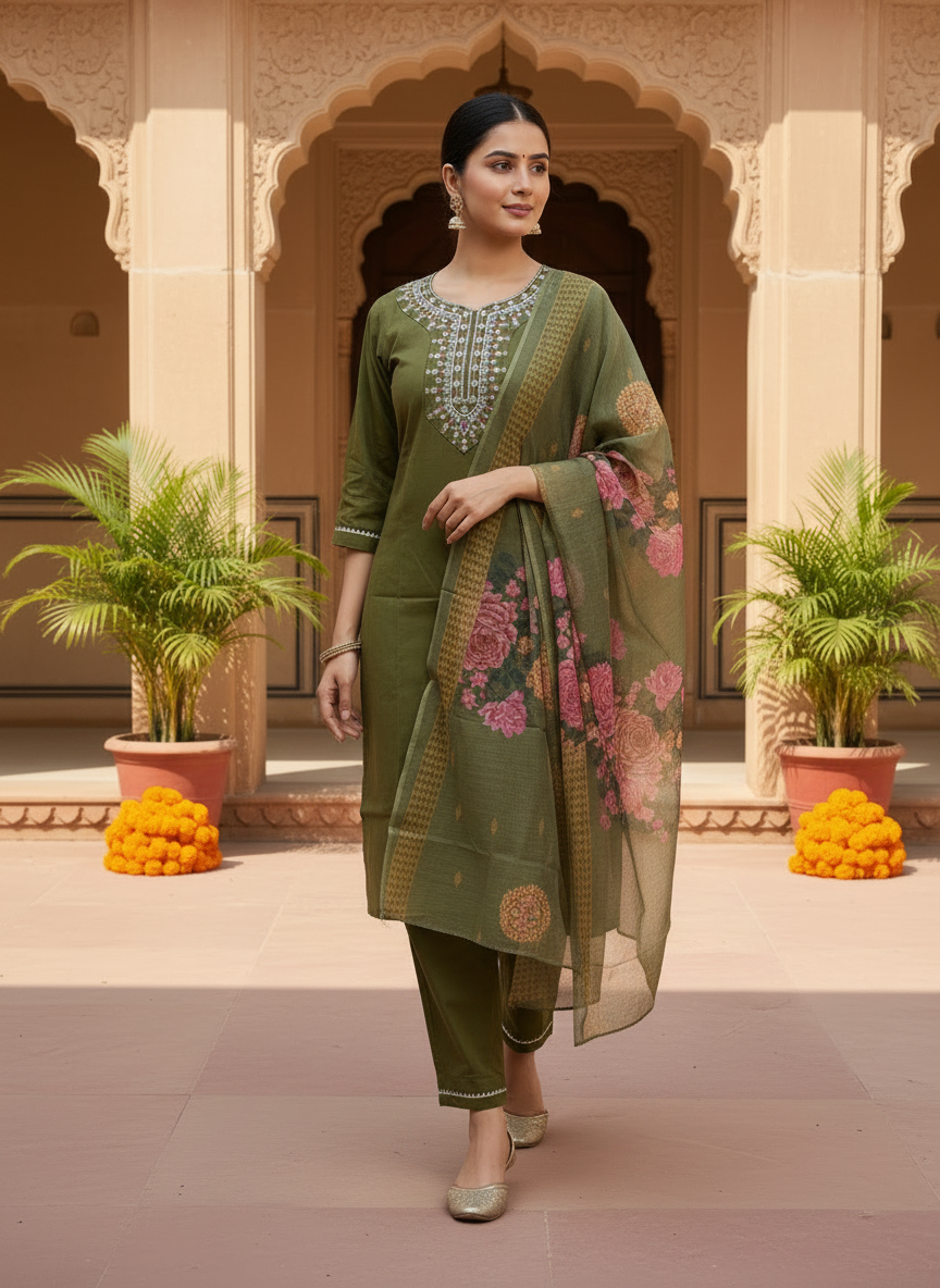 Olive Green rayon slub 3-piece suit set image 3