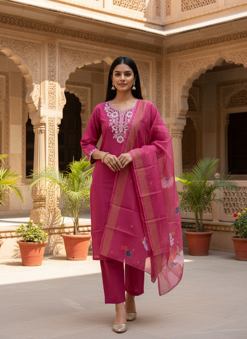 Rani Pink rayon slub 3-piece suit set image 5