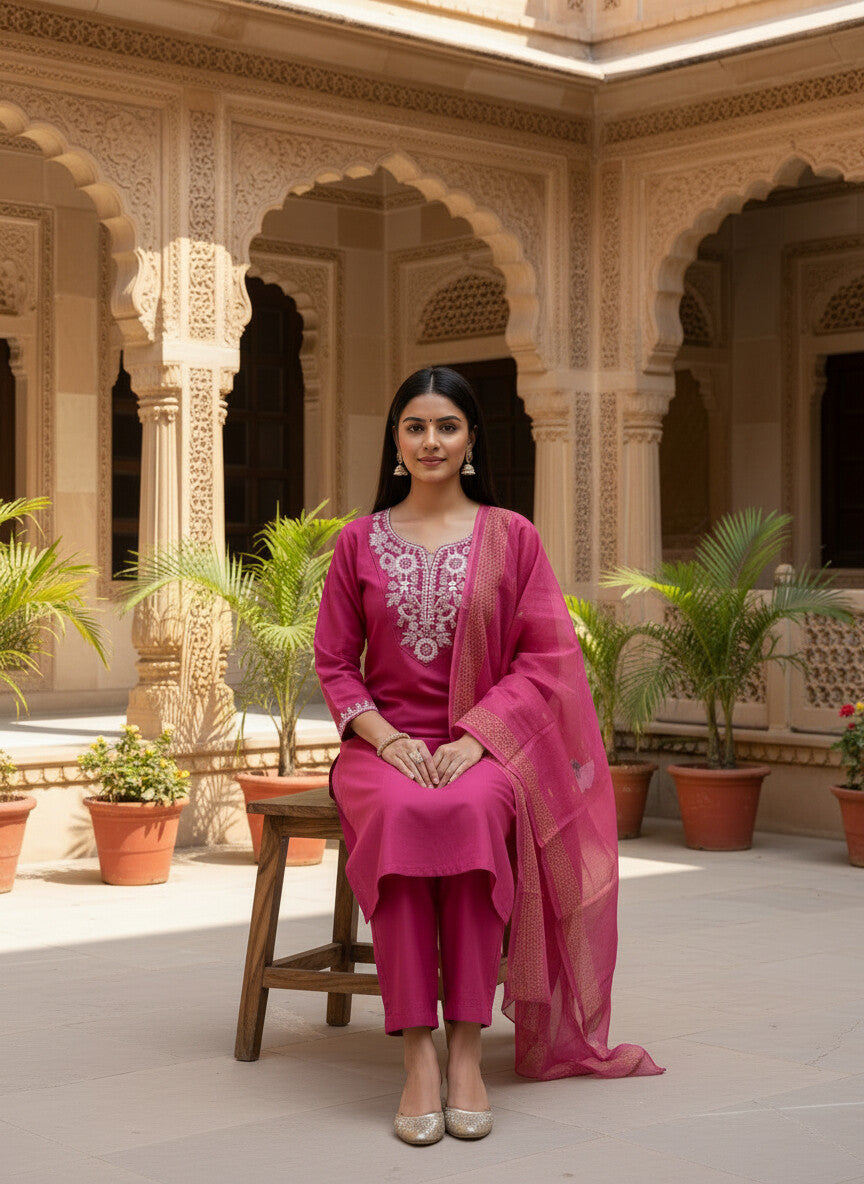 Rani Pink rayon slub 3-piece suit set image 4