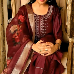 Maroon rayon slub 3-piece suit set image 2