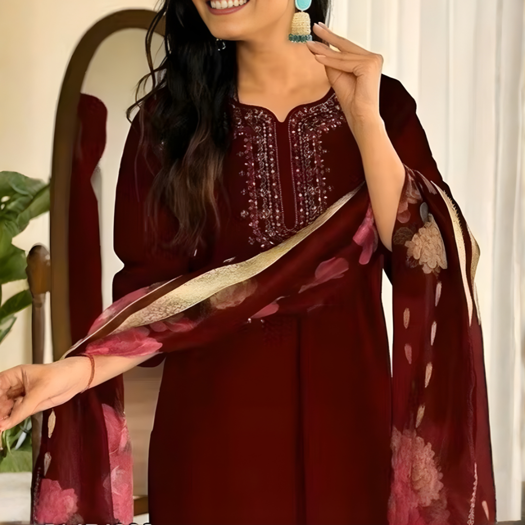 Maroon rayon slub 3-piece suit set image 5