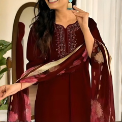 Maroon rayon slub 3-piece suit set image 5
