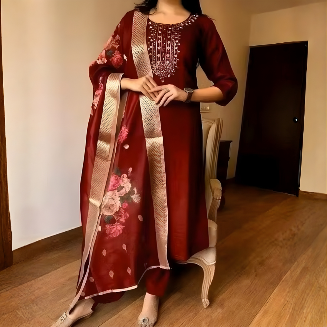 Maroon rayon slub 3-piece suit set image 4