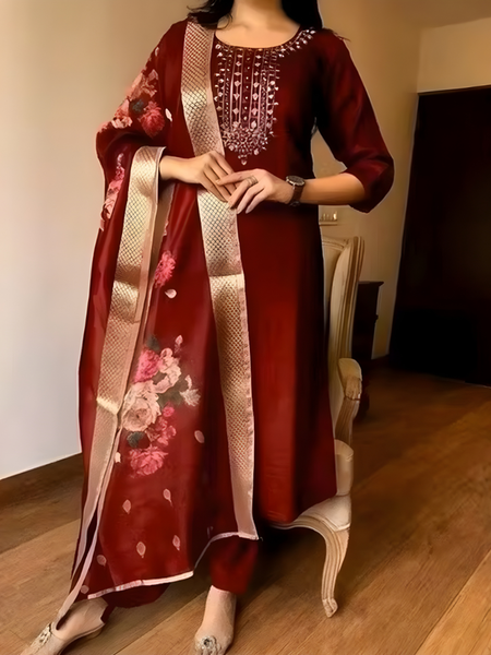 Maroon rayon slub 3-piece suit set image 4