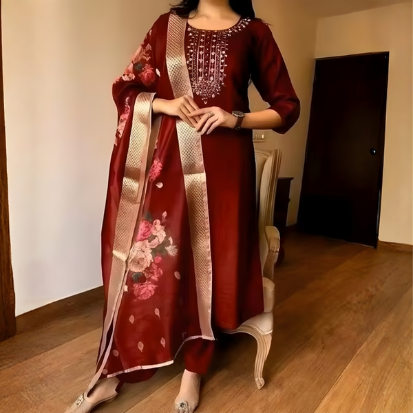 Maroon rayon slub 3-piece suit set image 4