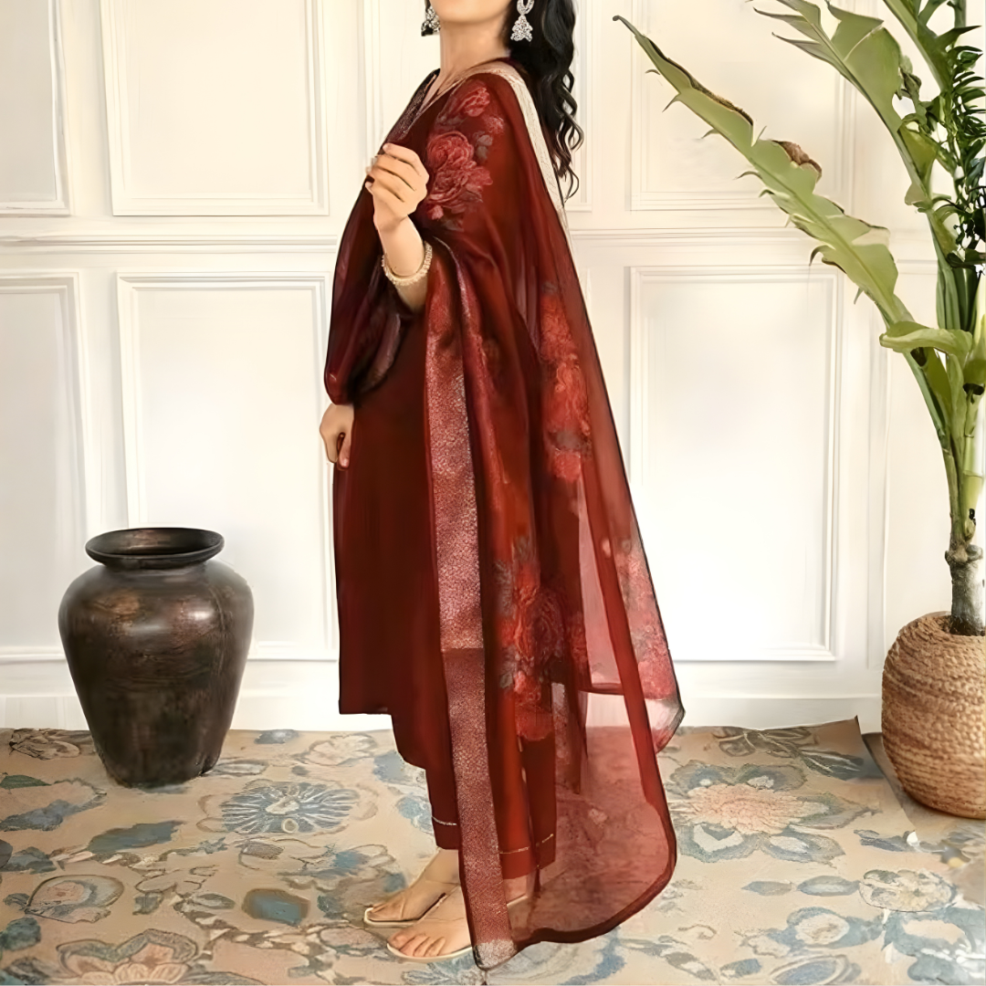 Maroon rayon slub 3-piece suit set image 3