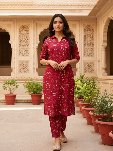 Wine Khadi Cotton Embroidered Co-Ord Set