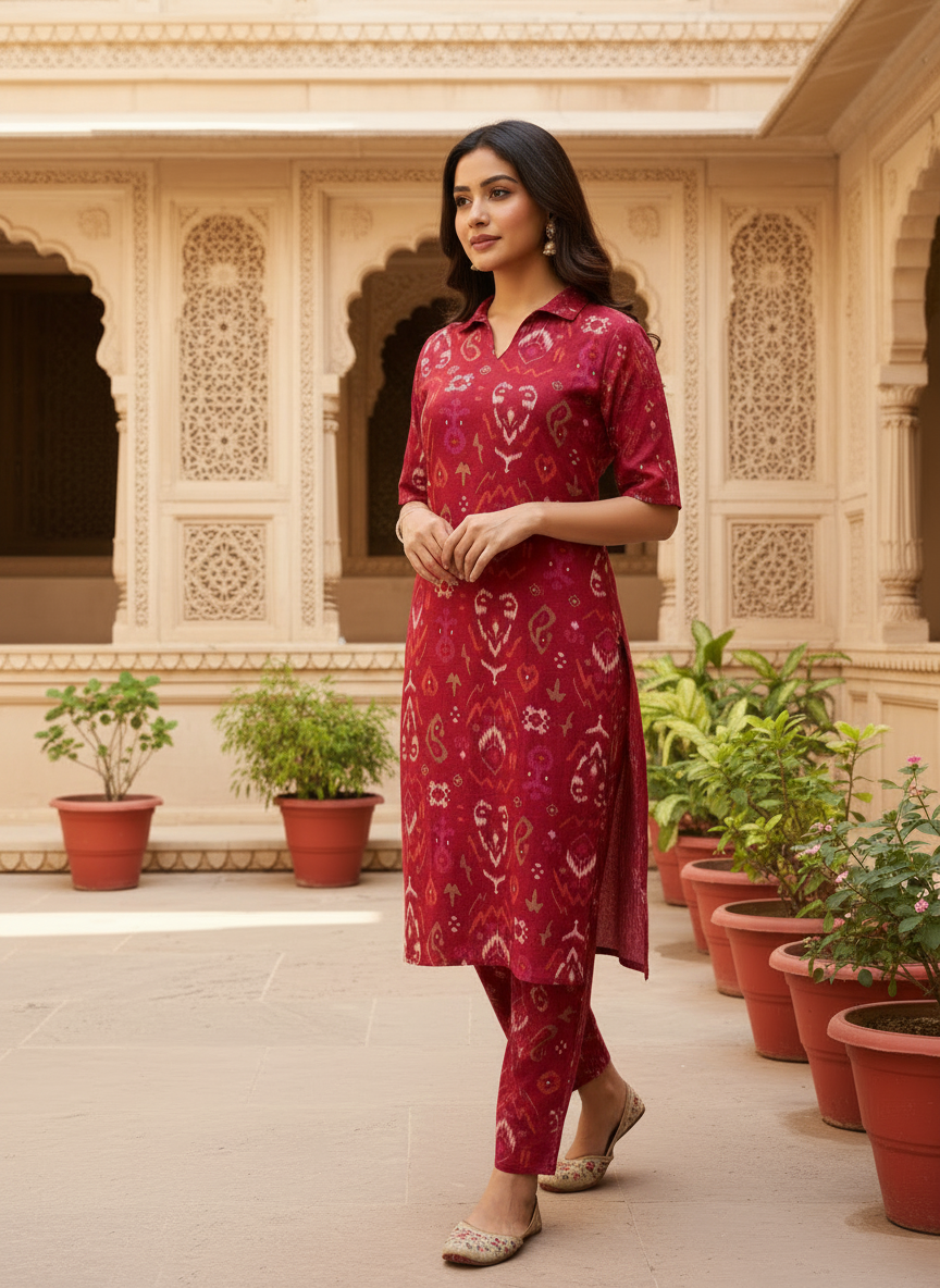 Wine Khadi Cotton Embroidered Co-Ord Set