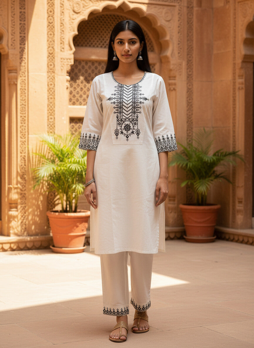 Cream Black Khadi Cotton Embroidered Co-Ord Set