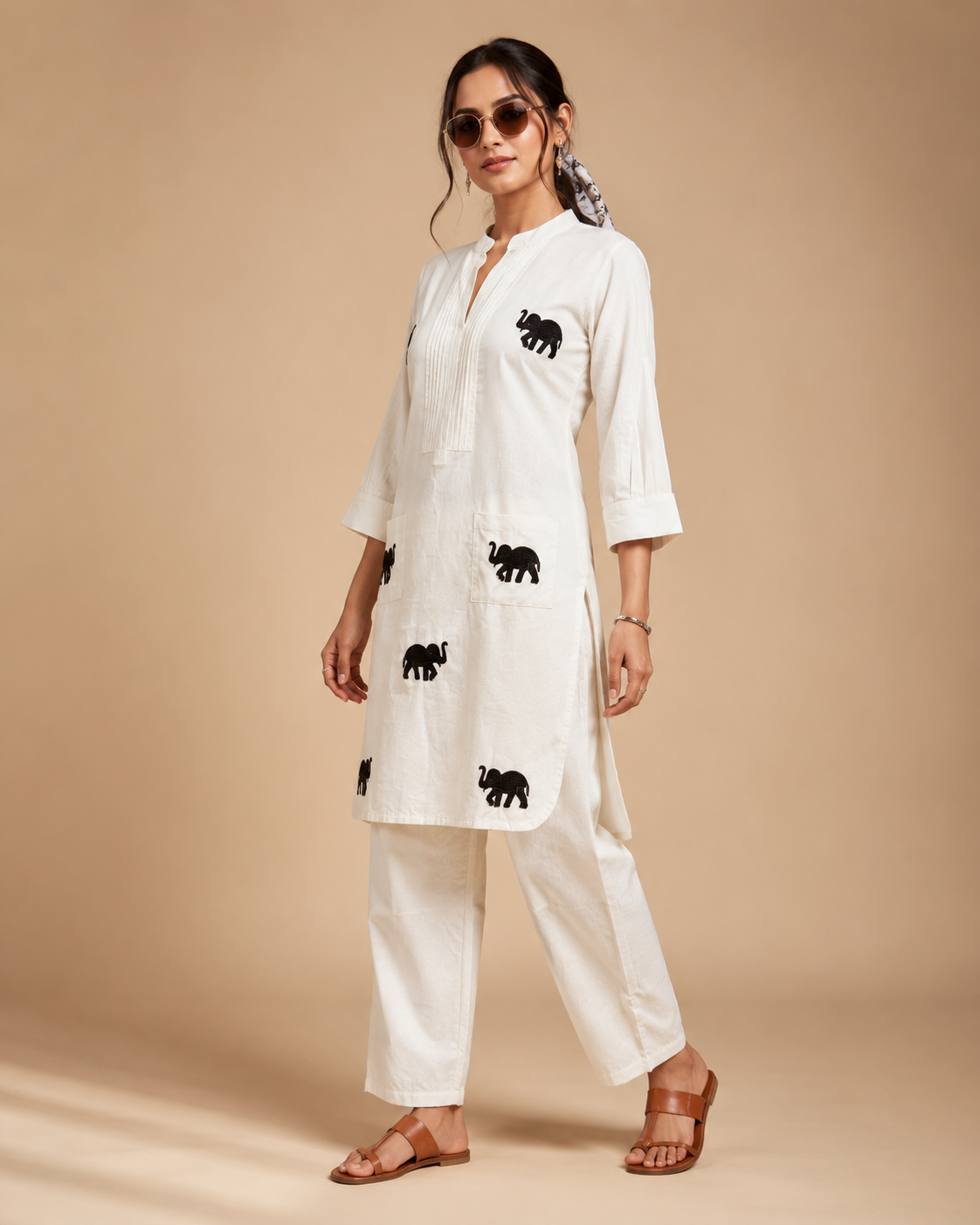 Ivory Elephant Print Khadi Cotton Embroidered Co-Ord Set