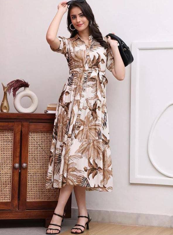 Chandramukhi Printed Rayon Slub Belted Maxi Dress