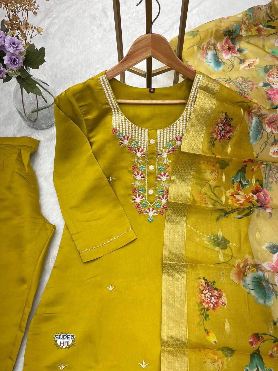 Women's Premium Embroidered Roman Silk Kurta Pant Set with Organza Dupatta – Mustard