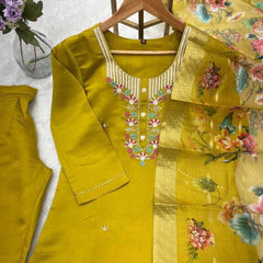 Women's Premium Embroidered Roman Silk Kurta Pant Set with Organza Dupatta – Mustard