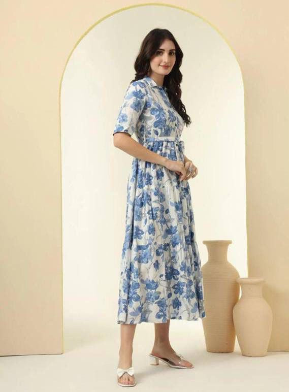 Chandramukhi Printed Rayon Slub Belted Maxi Dress