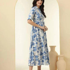 Chandramukhi Printed Rayon Slub Belted Maxi Dress