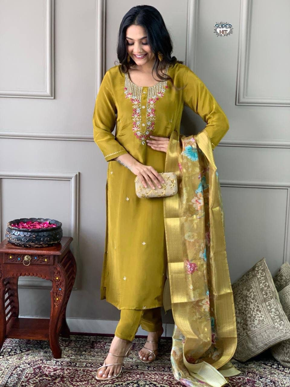 Women's Premium Embroidered Roman Silk Kurta Pant Set with Organza Dupatta – Mustard