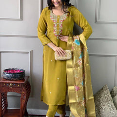 Women's Premium Embroidered Roman Silk Kurta Pant Set with Organza Dupatta – Mustard