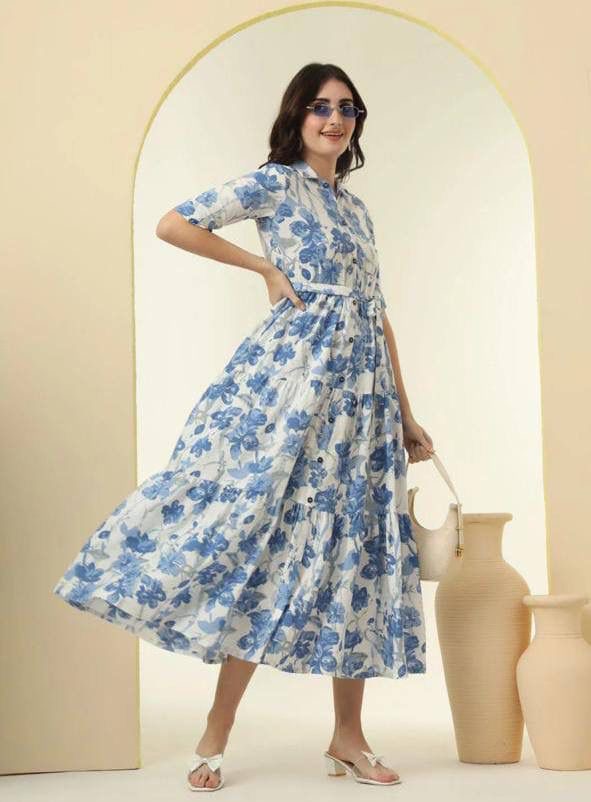 Chandramukhi Printed Rayon Slub Belted Maxi Dress
