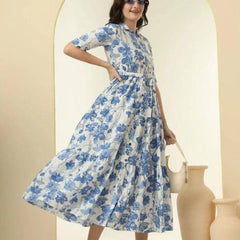 Chandramukhi Printed Rayon Slub Belted Maxi Dress