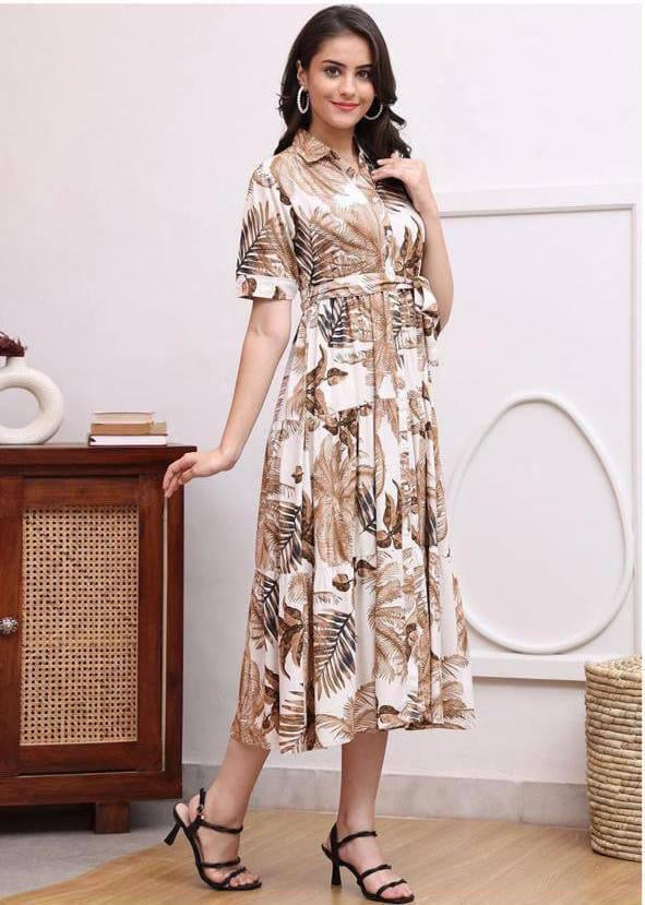 Chandramukhi Printed Rayon Slub Belted Maxi Dress
