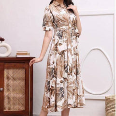 Chandramukhi Printed Rayon Slub Belted Maxi Dress
