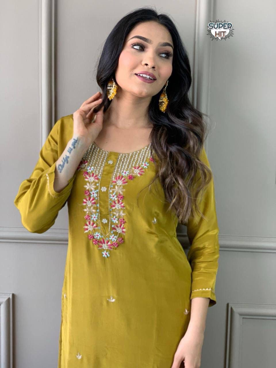 Women's Premium Embroidered Roman Silk Kurta Pant Set with Organza Dupatta – Mustard
