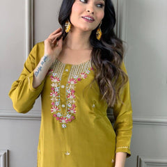 Women's Premium Embroidered Roman Silk Kurta Pant Set with Organza Dupatta – Mustard
