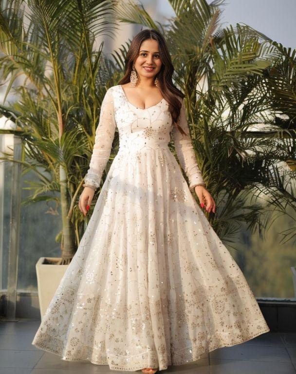 Ivory Faux Georgette Embroidered Anarkali Gown