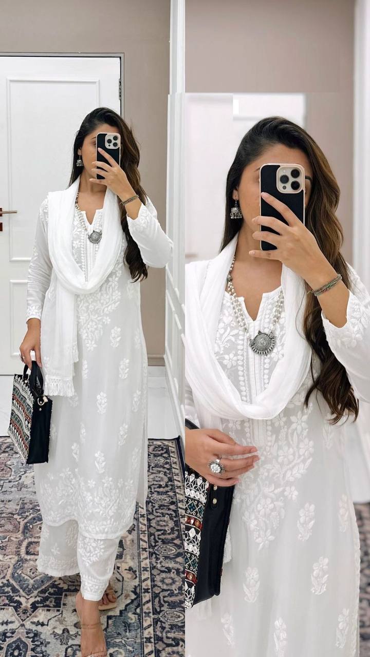 White Sequin Embroidered Kurta Set