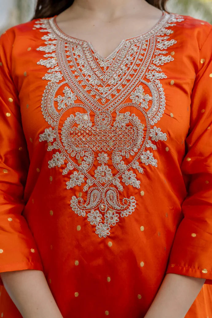 Orange Embroidered Chanderi Kurta Set