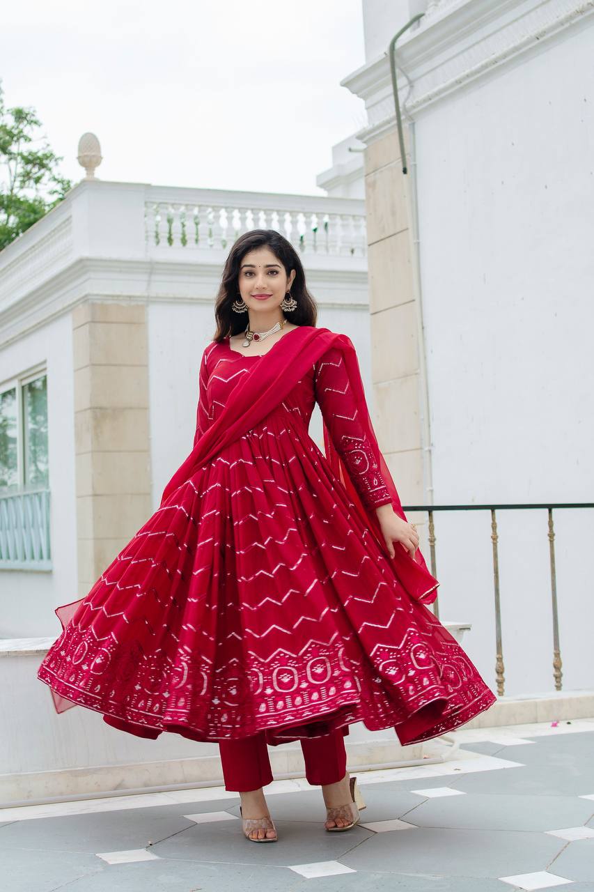 Maroon Embroidered Faux Georgette Anarkali Set